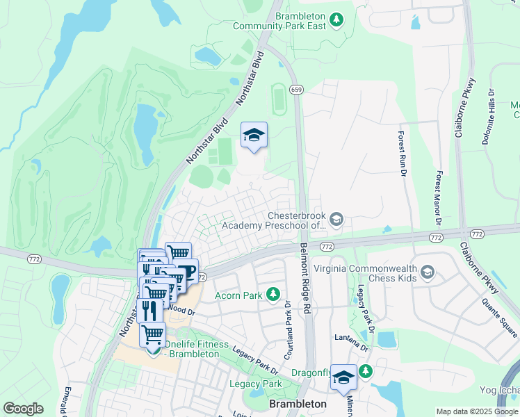 map of restaurants, bars, coffee shops, grocery stores, and more near 42567 Highgate Terrace in Brambleton