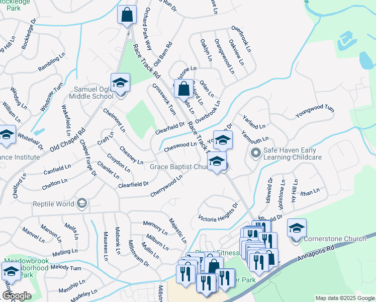 map of restaurants, bars, coffee shops, grocery stores, and more near 3905 Corbin Place in Bowie