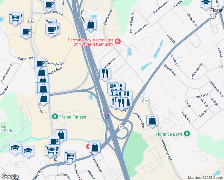 map of restaurants, bars, coffee shops, grocery stores, and more near Dream Street in Florence