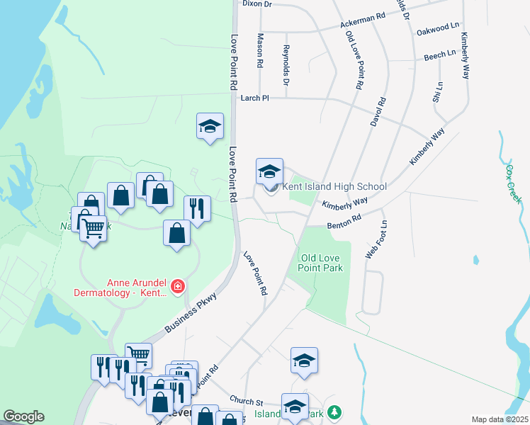map of restaurants, bars, coffee shops, grocery stores, and more near 900 Love Point Road in Stevensville