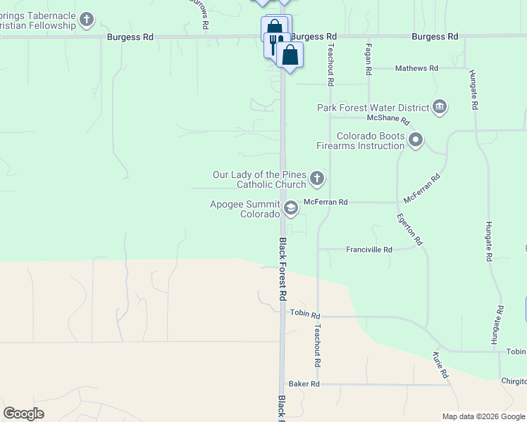 map of restaurants, bars, coffee shops, grocery stores, and more near 10944 Black Forest Road in Colorado Springs