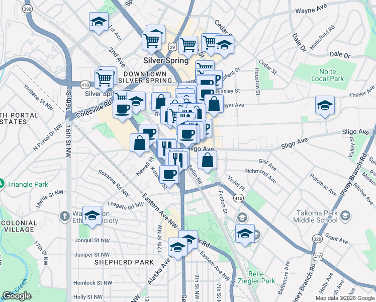 map of restaurants, bars, coffee shops, grocery stores, and more near 8081 Georgia Avenue in Silver Spring
