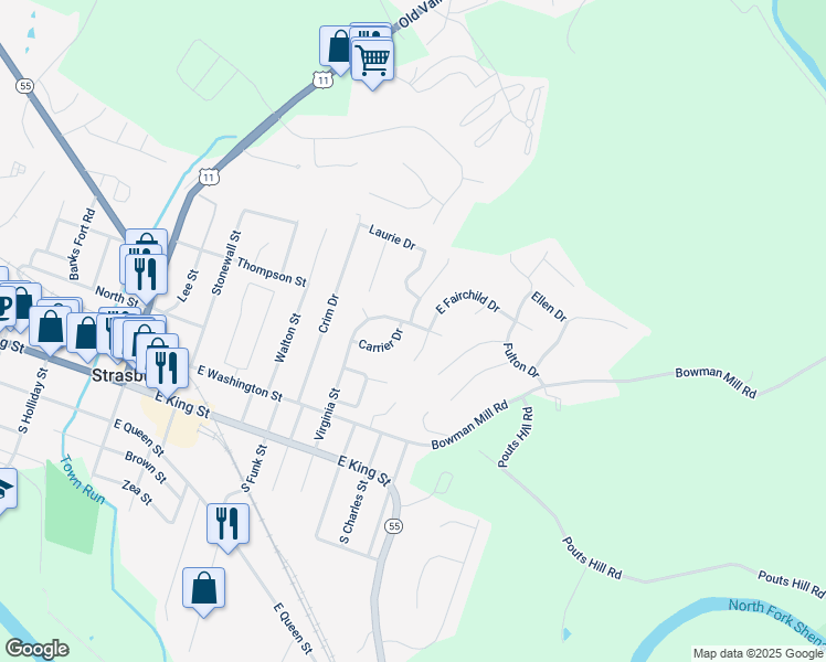 map of restaurants, bars, coffee shops, grocery stores, and more near 528 Virginia Street in Strasburg