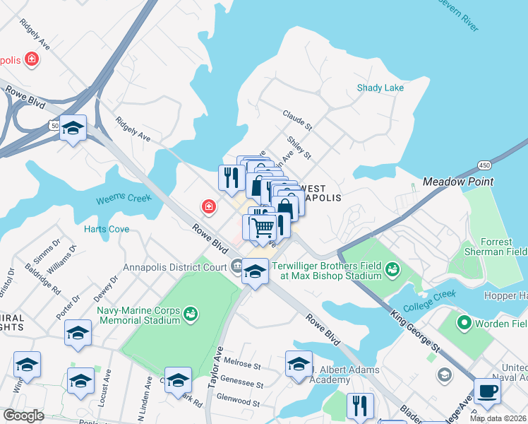 map of restaurants, bars, coffee shops, grocery stores, and more near 103 Annapolis Street in Annapolis