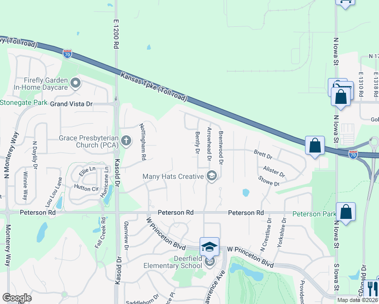 map of restaurants, bars, coffee shops, grocery stores, and more near 3001 Bently Court in Lawrence