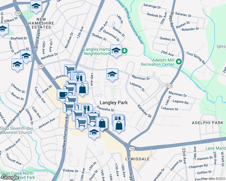 map of restaurants, bars, coffee shops, grocery stores, and more near 8151 15th Avenue in Hyattsville