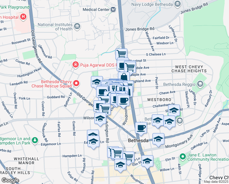 map of restaurants, bars, coffee shops, grocery stores, and more near 4853 Cordell Avenue in Bethesda