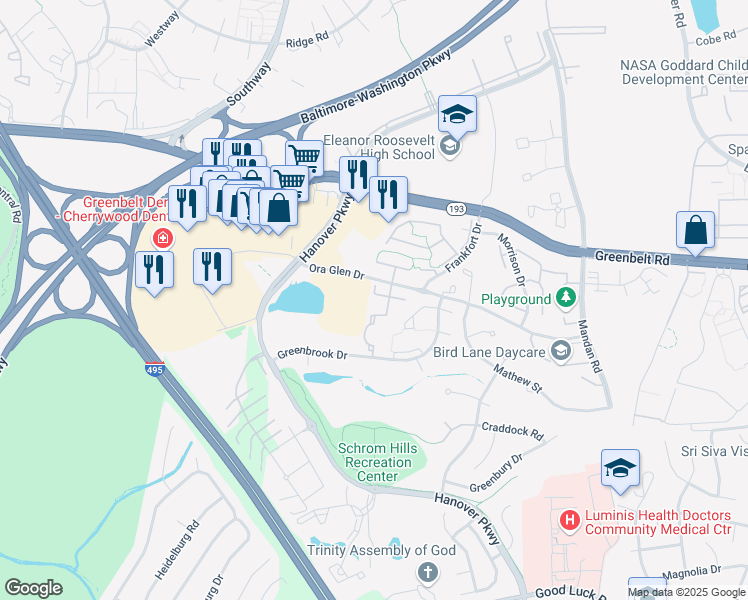 map of restaurants, bars, coffee shops, grocery stores, and more near 7254 South Ora Court in Greenbelt