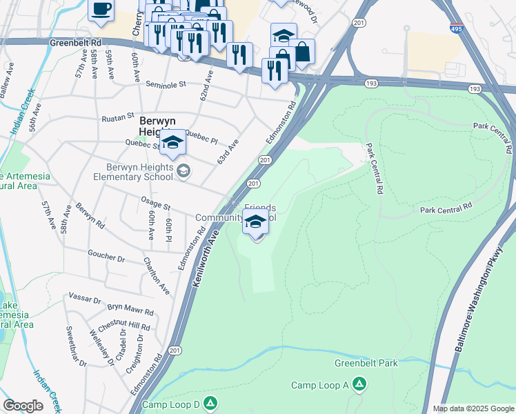 map of restaurants, bars, coffee shops, grocery stores, and more near 5900 Westchester Park Drive in College Park