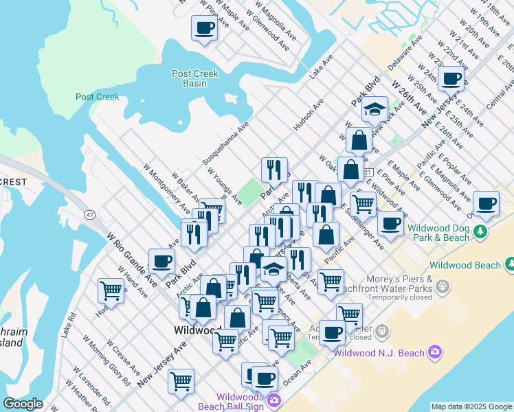 map of restaurants, bars, coffee shops, grocery stores, and more near 206 West Youngs Avenue in Wildwood