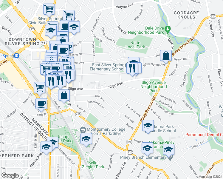 map of restaurants, bars, coffee shops, grocery stores, and more near 101 Independence Avenue Southeast in Washington