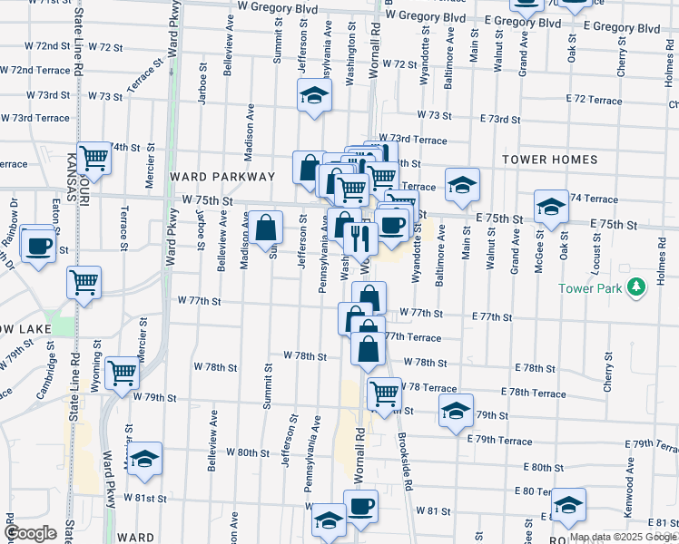map of restaurants, bars, coffee shops, grocery stores, and more near 7629 Pennsylvania Avenue in Kansas City