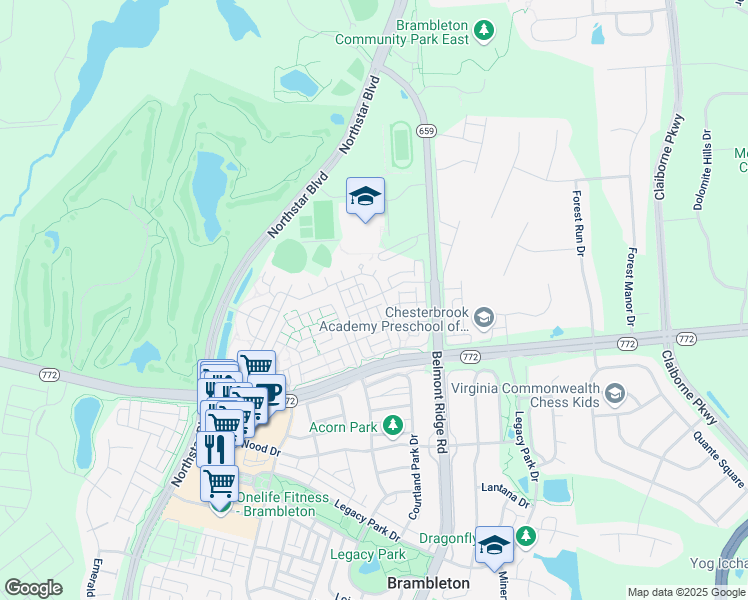 map of restaurants, bars, coffee shops, grocery stores, and more near 42567 Highgate Terrace in Brambleton