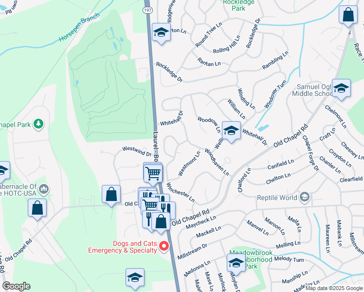 map of restaurants, bars, coffee shops, grocery stores, and more near 4007 Winchester Lane in Bowie