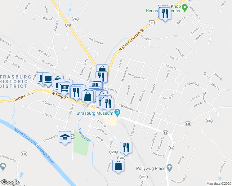 map of restaurants, bars, coffee shops, grocery stores, and more near 289 Stonewall Street in Strasburg