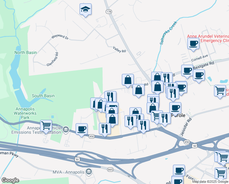map of restaurants, bars, coffee shops, grocery stores, and more near 62 Regatta Bay Court in Annapolis