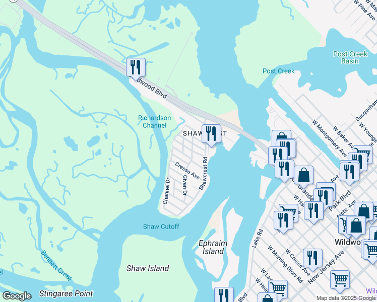 map of restaurants, bars, coffee shops, grocery stores, and more near 26 Bennett Avenue in Wildwood