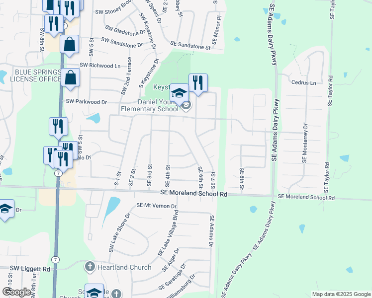 map of restaurants, bars, coffee shops, grocery stores, and more near 412 Southeast Diamond Street in Blue Springs