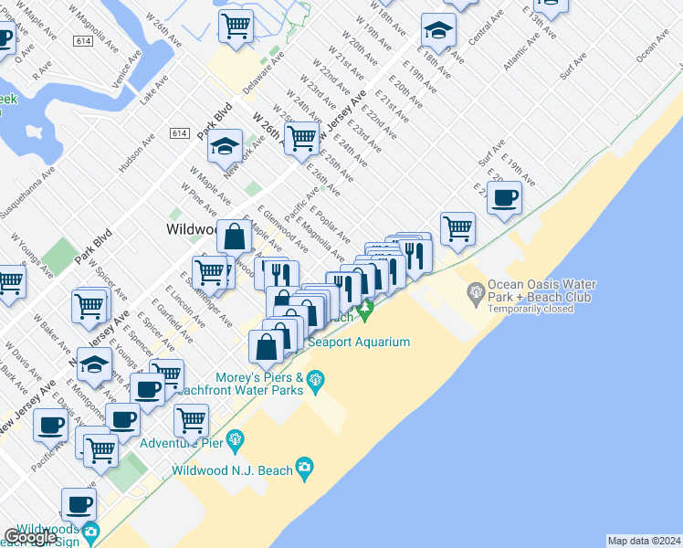 map of restaurants, bars, coffee shops, grocery stores, and more near 313 East Glenwood Avenue in Wildwood
