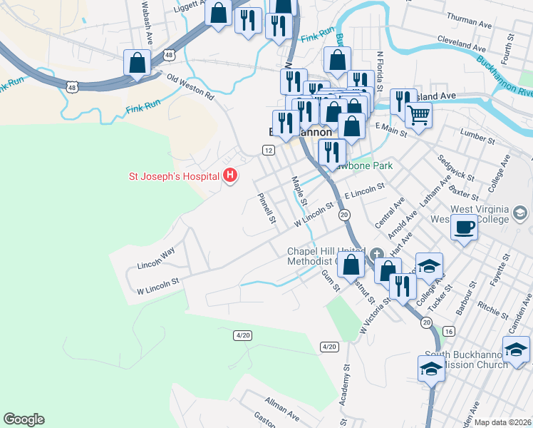 map of restaurants, bars, coffee shops, grocery stores, and more near 23-31 Pinnell Street in Buckhannon