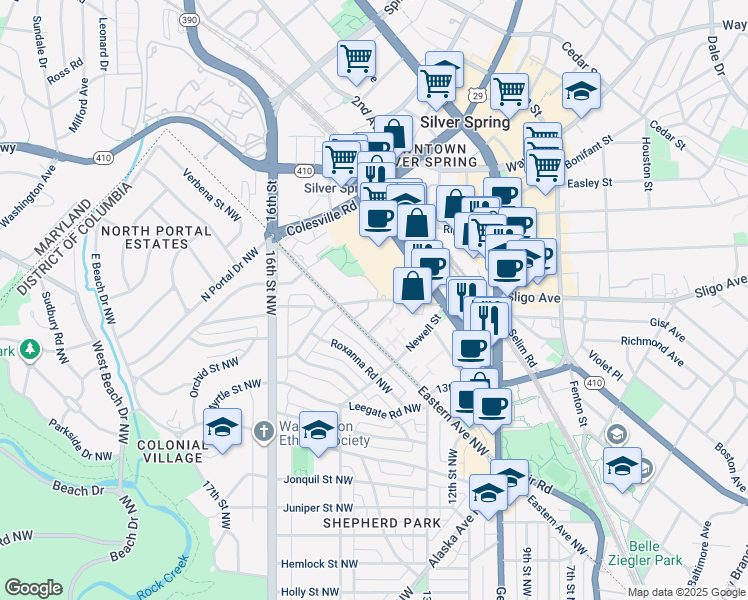 map of restaurants, bars, coffee shops, grocery stores, and more near 1401 Blair Mill Road in Silver Spring