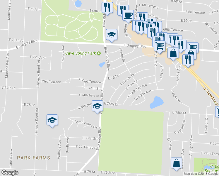 map of restaurants, bars, coffee shops, grocery stores, and more near 8818 Richards Drive in Raytown