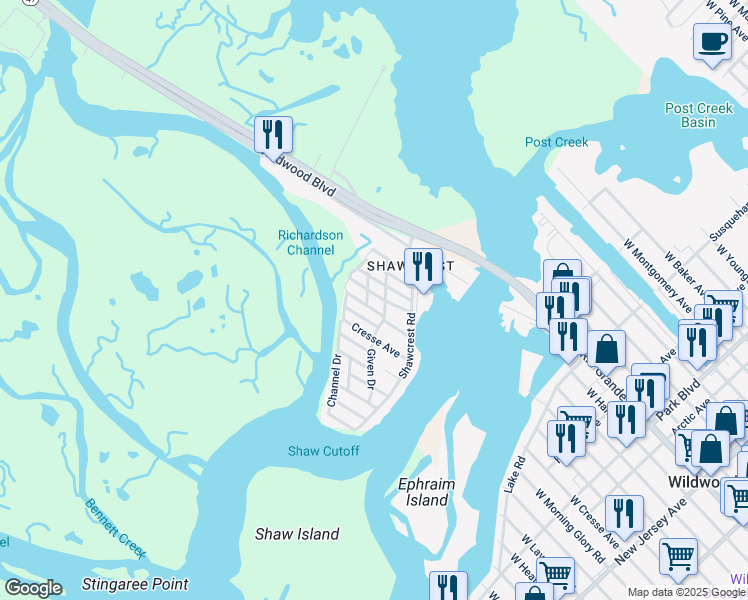 map of restaurants, bars, coffee shops, grocery stores, and more near 26 Bennett Avenue in Wildwood