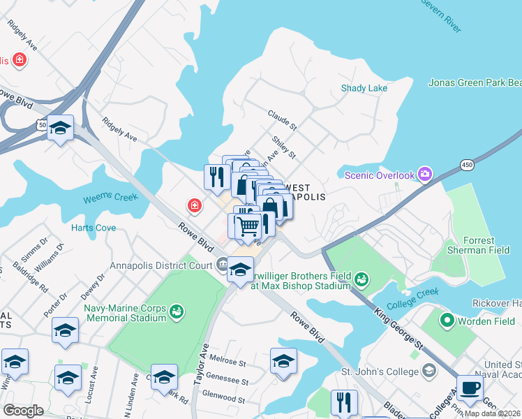 map of restaurants, bars, coffee shops, grocery stores, and more near 68 Annapolis Street in Annapolis