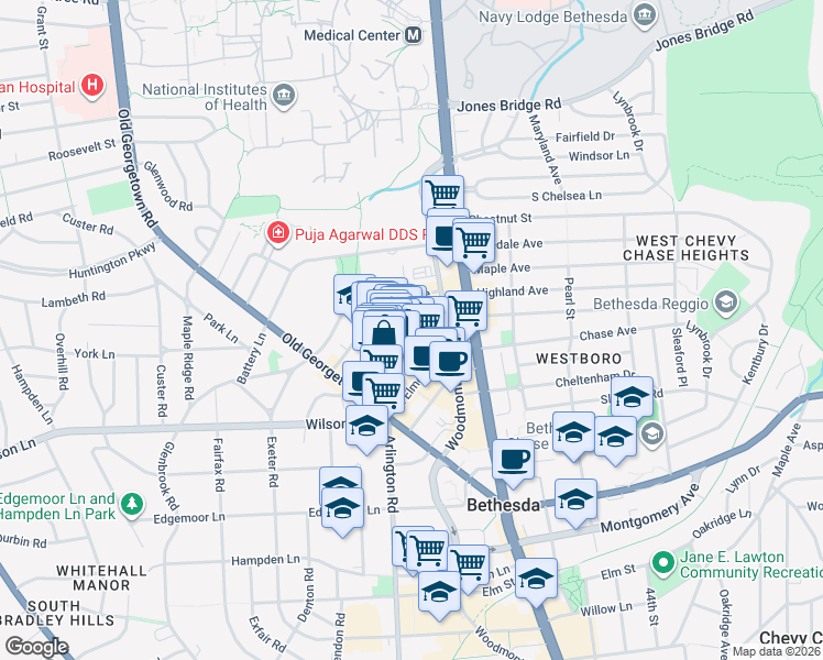 map of restaurants, bars, coffee shops, grocery stores, and more near 4853 Cordell Avenue in Bethesda
