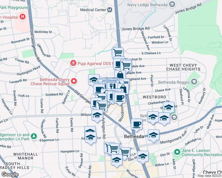 map of restaurants, bars, coffee shops, grocery stores, and more near 4853 Cordell Avenue in Bethesda