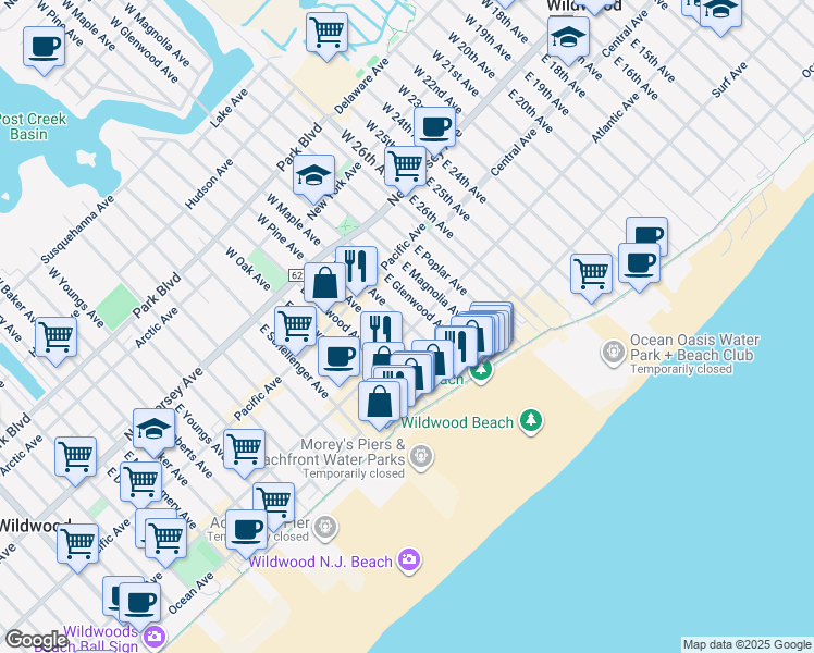 map of restaurants, bars, coffee shops, grocery stores, and more near 3110 Atlantic Avenue in Wildwood