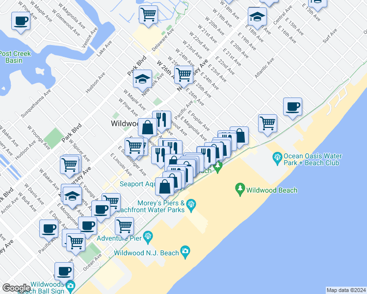 map of restaurants, bars, coffee shops, grocery stores, and more near 3110 Atlantic Avenue in Wildwood