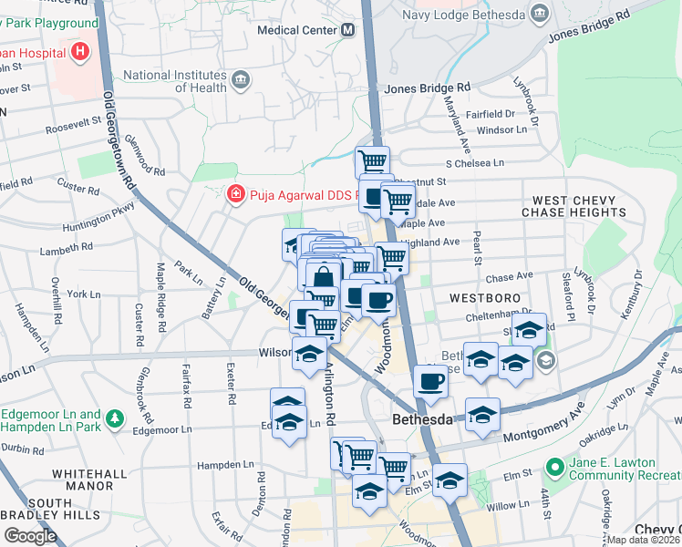 map of restaurants, bars, coffee shops, grocery stores, and more near 4853 Cordell Avenue in Bethesda