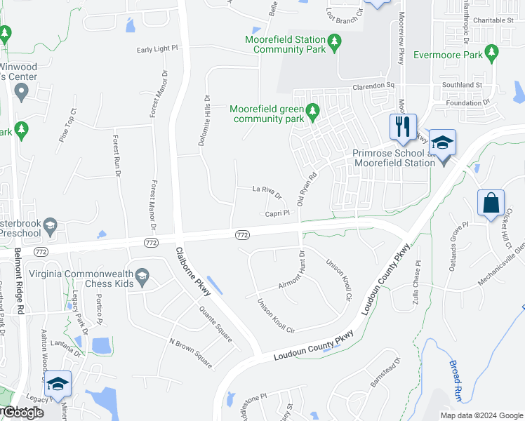 map of restaurants, bars, coffee shops, grocery stores, and more near 22647 Tivoli Ln in Ashburn