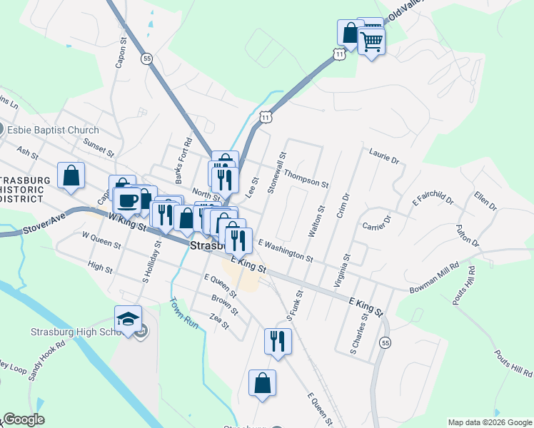 map of restaurants, bars, coffee shops, grocery stores, and more near 250 Stonewall Street in Strasburg