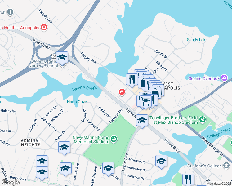 map of restaurants, bars, coffee shops, grocery stores, and more near 302 Forbes Street in Annapolis
