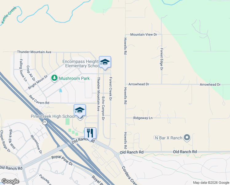 map of restaurants, bars, coffee shops, grocery stores, and more near 3717 Sky Rim Court in Colorado Springs