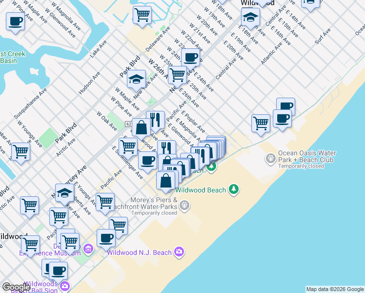 map of restaurants, bars, coffee shops, grocery stores, and more near 315 East Pine Avenue in Wildwood