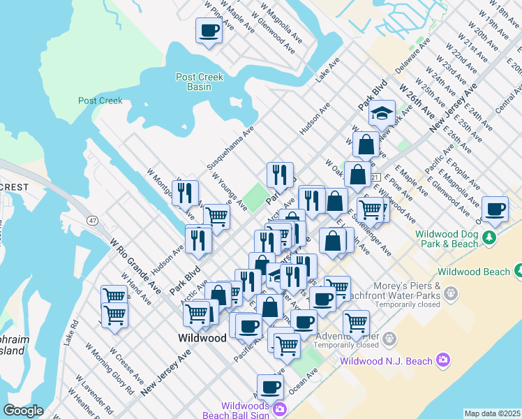 map of restaurants, bars, coffee shops, grocery stores, and more near 206 West Youngs Avenue in Wildwood