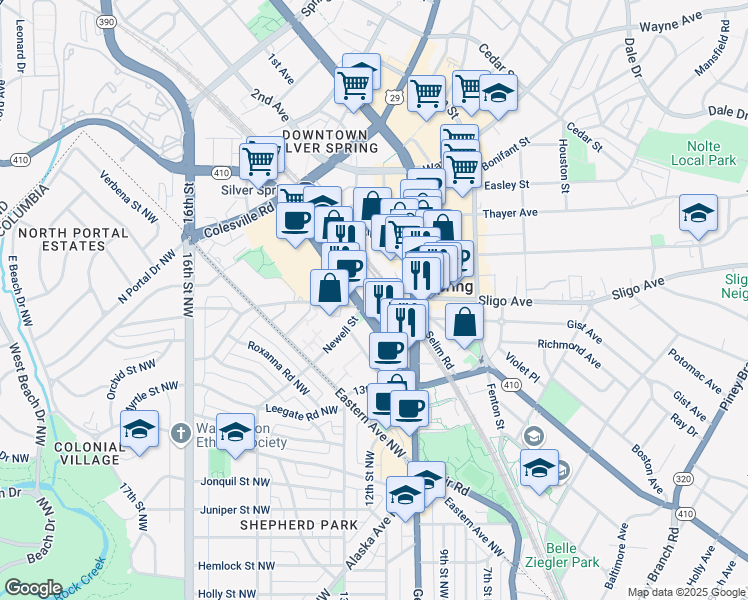 map of restaurants, bars, coffee shops, grocery stores, and more near 1079 East-West Highway in Silver Spring
