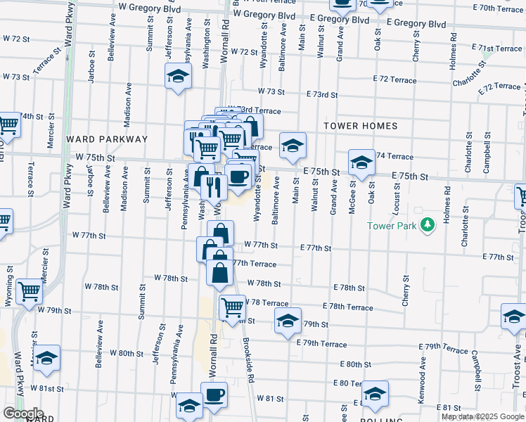 map of restaurants, bars, coffee shops, grocery stores, and more near 7625 Wyandotte Street in Kansas City
