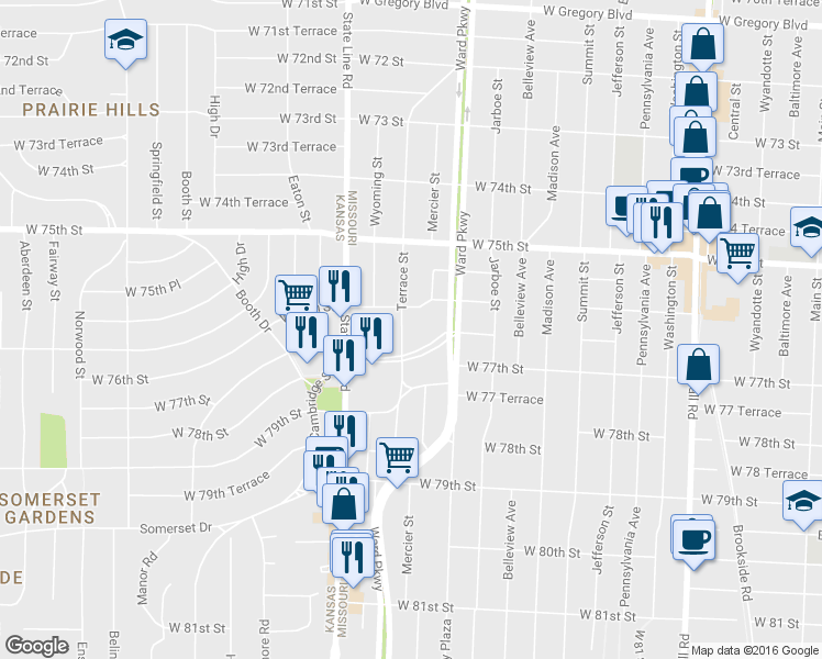 map of restaurants, bars, coffee shops, grocery stores, and more near 1207 Meadow Lake Parkway in Kansas City