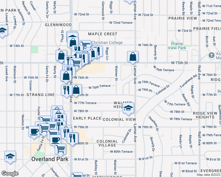 map of restaurants, bars, coffee shops, grocery stores, and more near 6600 West 77th Street in Overland Park