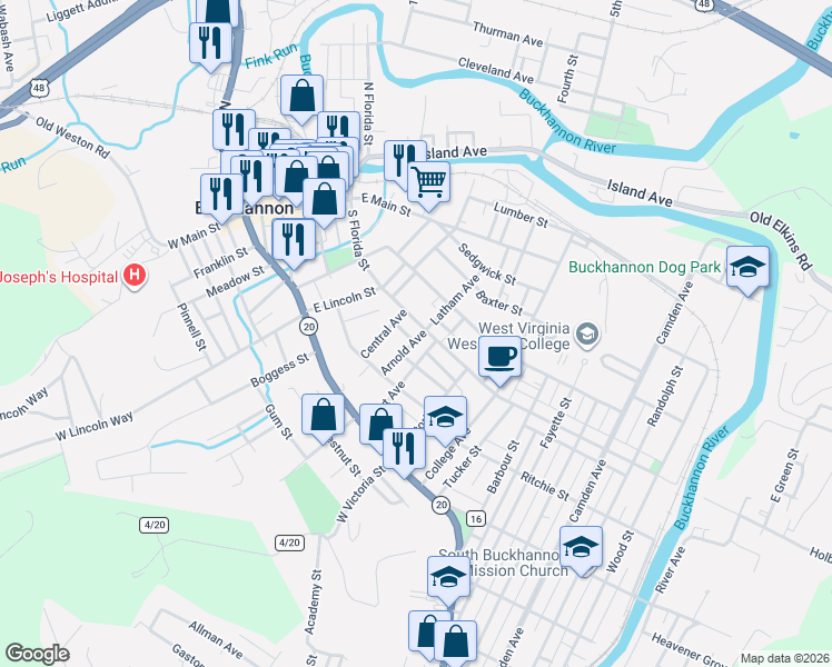 map of restaurants, bars, coffee shops, grocery stores, and more near 34 Arnold Avenue in Buckhannon