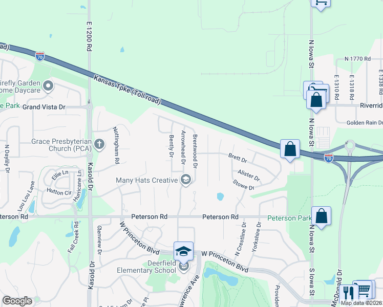 map of restaurants, bars, coffee shops, grocery stores, and more near 601 Brentwood Drive in Lawrence