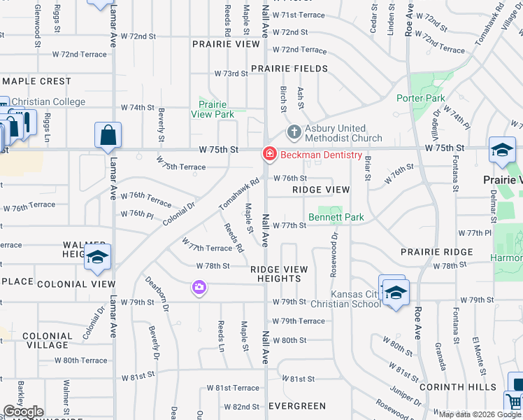 map of restaurants, bars, coffee shops, grocery stores, and more near 7705 Maple Lane in Prairie Village