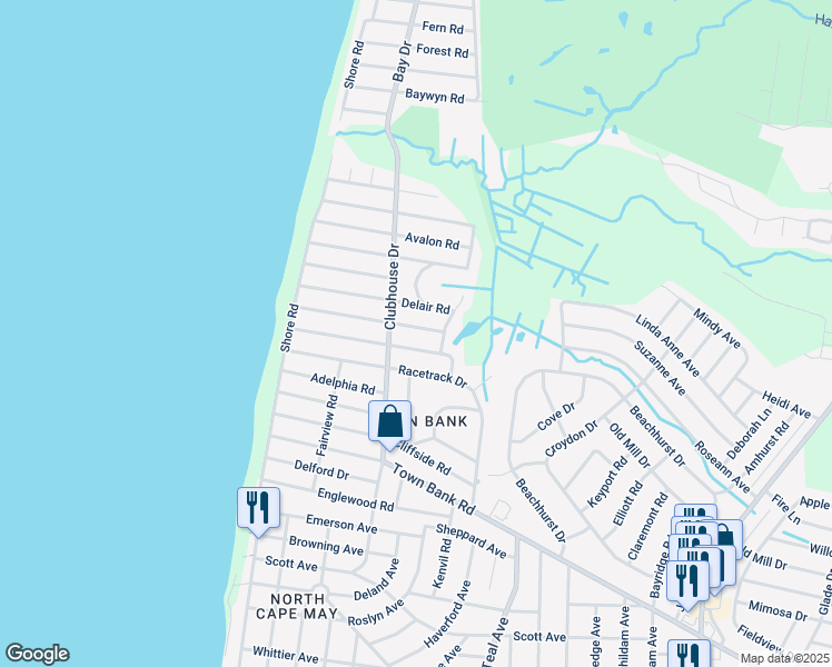 map of restaurants, bars, coffee shops, grocery stores, and more near 110 Folsom Avenue in North Cape May