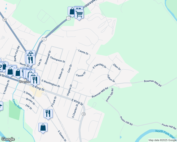 map of restaurants, bars, coffee shops, grocery stores, and more near 533 Virginia Street in Strasburg