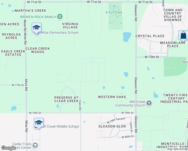 map of restaurants, bars, coffee shops, grocery stores, and more near 7680 Gleason Road in Shawnee