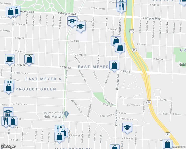 map of restaurants, bars, coffee shops, grocery stores, and more near 7516 Olive Street in Kansas City